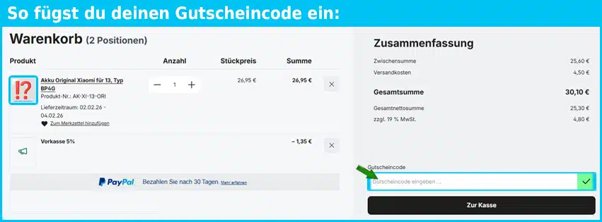 akku500.de Gutschein einfuegen und sparen blau