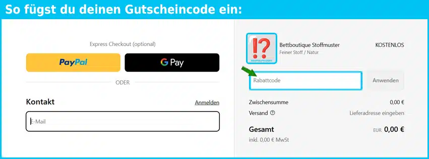 bettboutique Gutschein einfuegen und sparen blau