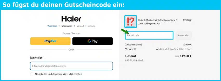 haier Gutschein einfuegen und sparen blau