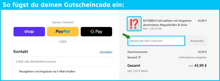 rockbros Gutschein einfuegen und sparen blau