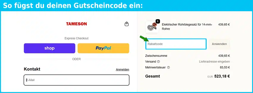 tameson Gutschein einfuegen und sparen blau