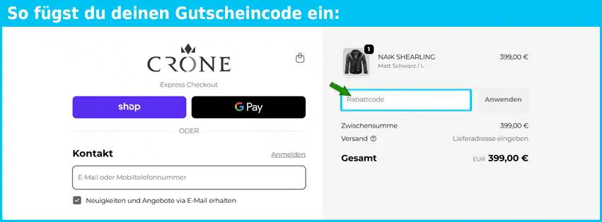 crone Gutschein einfuegen und sparen blau