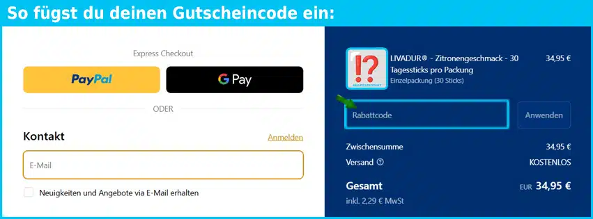 livadur Gutschein einfuegen und sparen blau