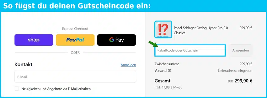 padelproshop Gutschein einfuegen und sparen blau