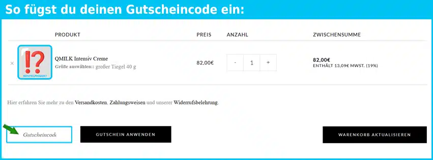 qmilk-cosmetics Gutschein einfuegen und sparen blau