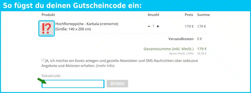 trendcarpet Gutschein einfuegen und sparen blau