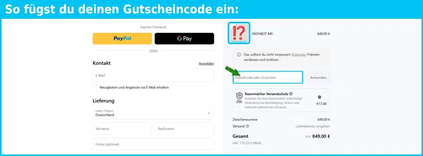 anthbot Gutschein einfuegen und sparen blau