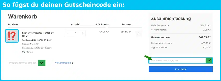 baustoffwelten.de Gutschein einfuegen und sparen blau