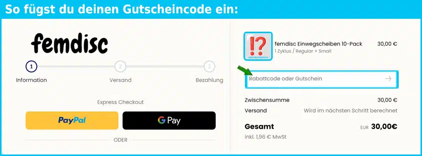 femdisc Gutschein einfuegen und sparen blau