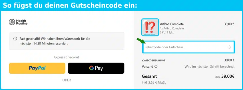 healthroutine Gutschein einfuegen und sparen blau
