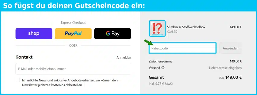 slimbox Gutschein einfuegen und sparen blau
