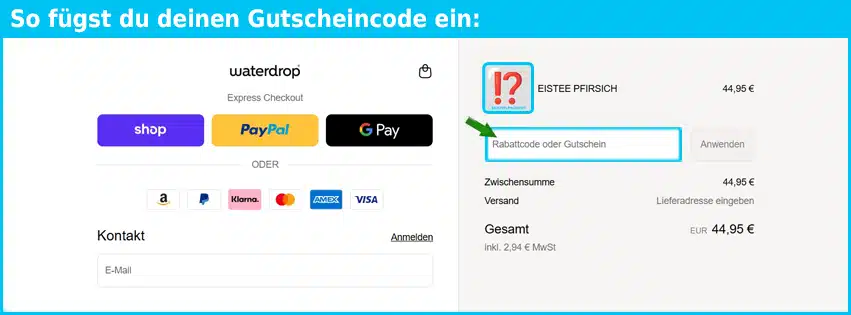 waterdrop Gutschein einfuegen und sparen blau