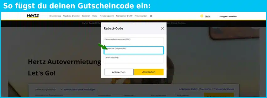 Hertz Gutschein einfuegen und sparen blau