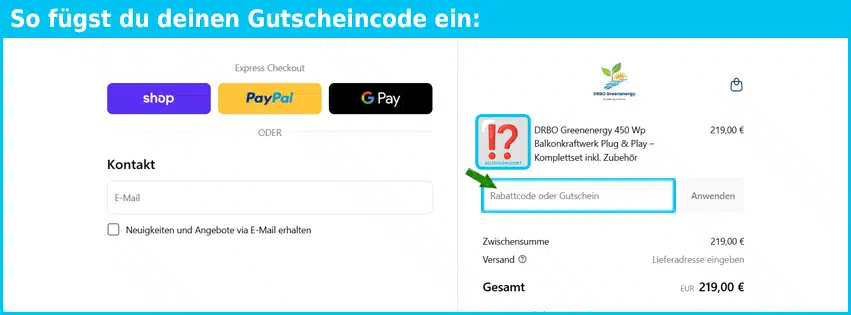 drbo-greenenergy Gutschein einfuegen und sparen blau