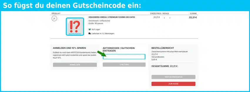 myfit24 Gutschein einfuegen und sparen blau