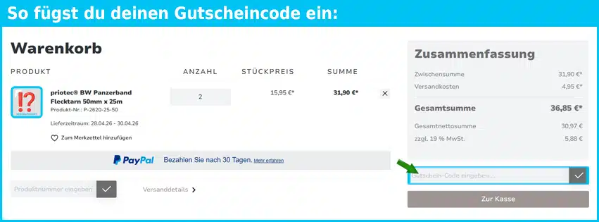 priotec Gutschein einfuegen und sparen blau