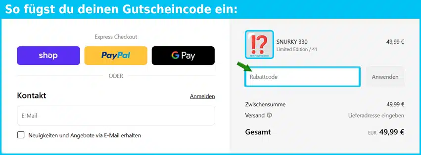 snurky Gutschein einfuegen und sparen blau