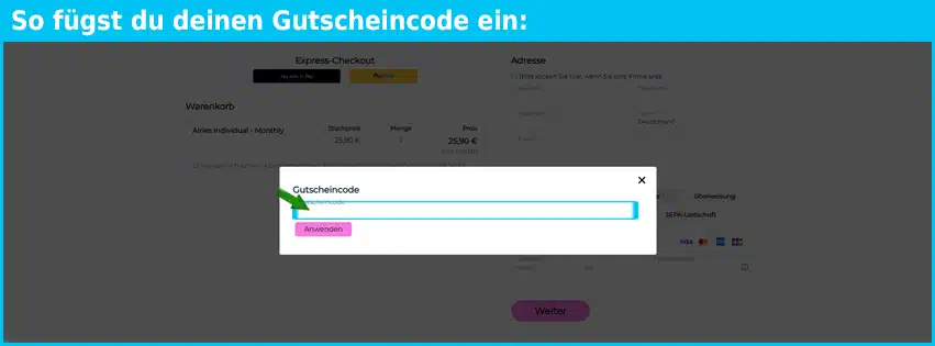 airies Gutschein einfuegen und sparen blau