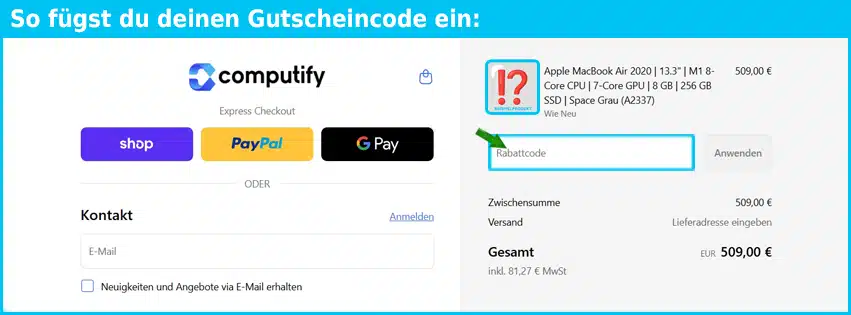 computify Gutschein einfuegen und sparen blau