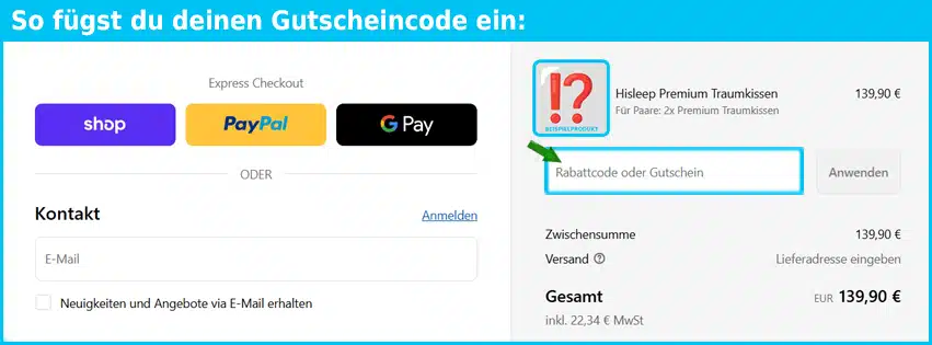 hisleeptime Gutschein einfuegen und sparen blau
