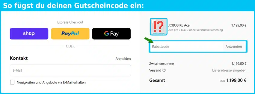jobobike Gutschein einfuegen und sparen blau