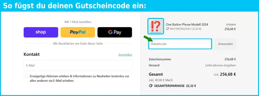 onebuttonphone Gutschein einfuegen und sparen blau