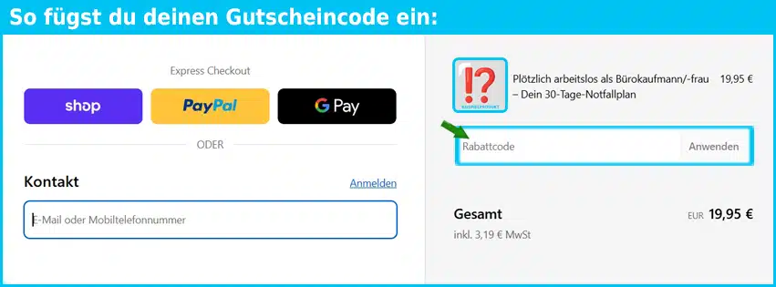 ploetzlicharbeitslos Gutschein einfuegen und sparen blau