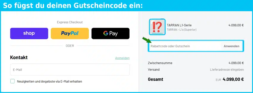 tarranbikes Gutschein einfuegen und sparen blau