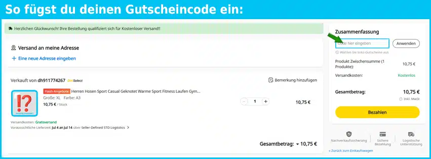 dhgate Gutschein einfuegen und sparen blau