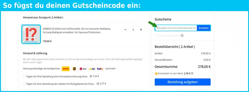 geekbuying Gutschein einfuegen und sparen blau