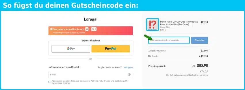 loragal Gutschein einfuegen und sparen blau