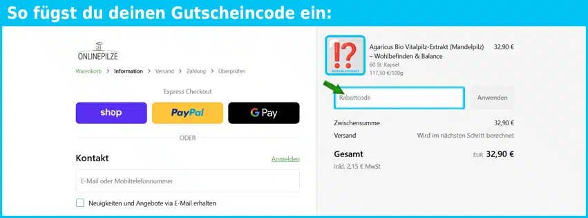 onlinepilze Gutschein einfuegen und sparen blau
