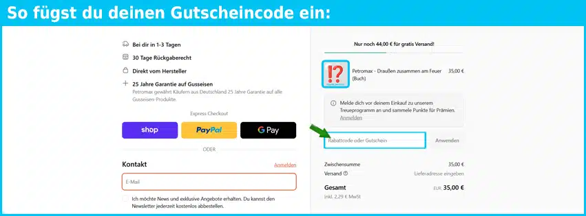 petromax Gutschein einfuegen und sparen blau