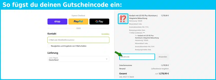 terrassendach-buddy Gutschein einfuegen und sparen blau