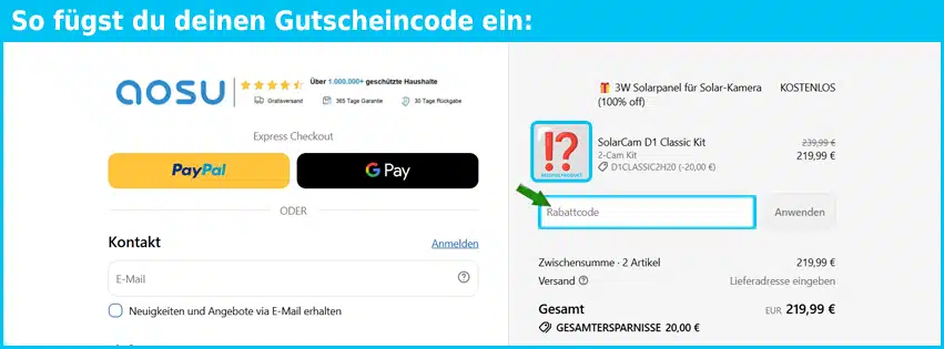 aosu Gutschein einfuegen und sparen blau