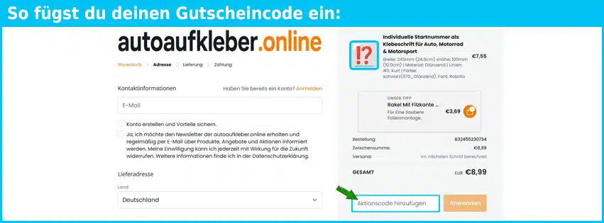 autoaufkleber.online Gutschein einfuegen und sparen blau