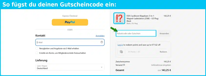 esrtech Gutschein einfuegen und sparen blau