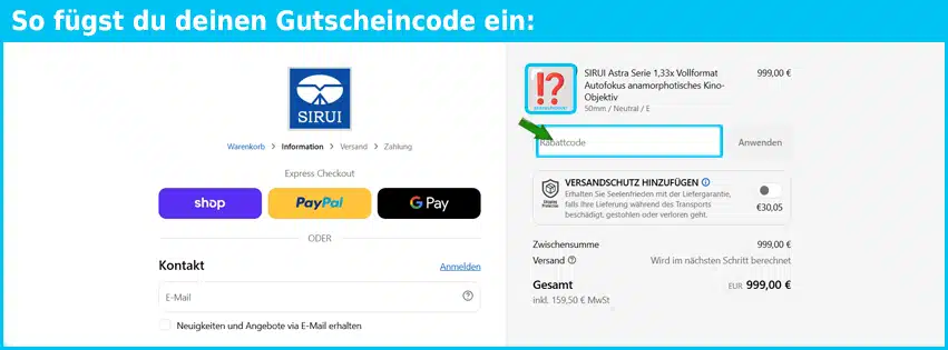 siruishop Gutschein einfuegen und sparen blau