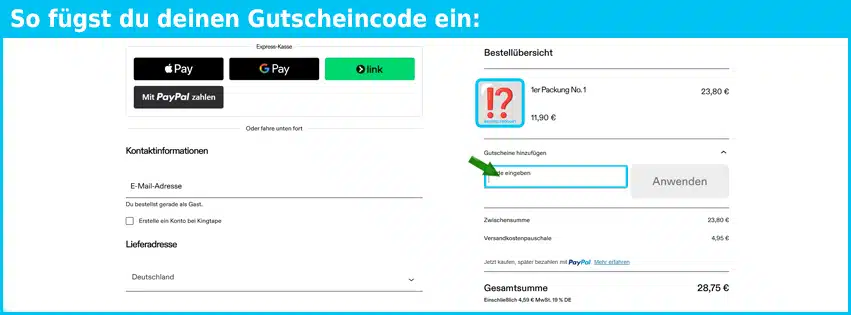 kingtape Gutschein einfuegen und sparen blau