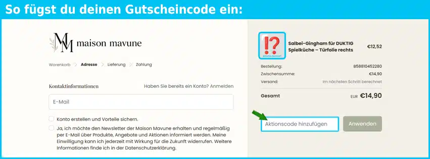 maisonmavune Gutschein einfuegen und sparen blau
