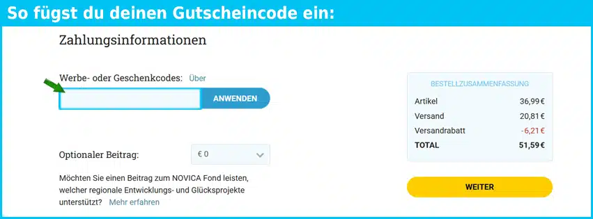 novica Gutschein einfuegen und sparen blau