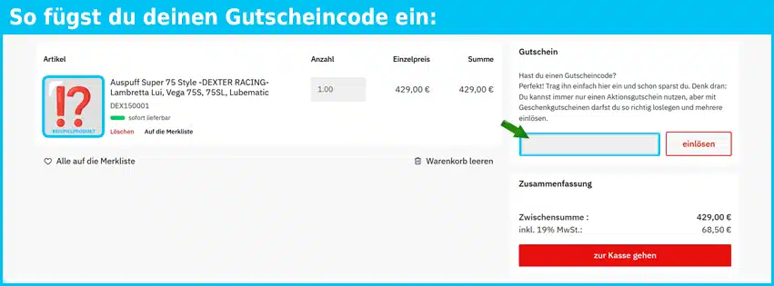 scooter-center Gutschein einfuegen und sparen blau