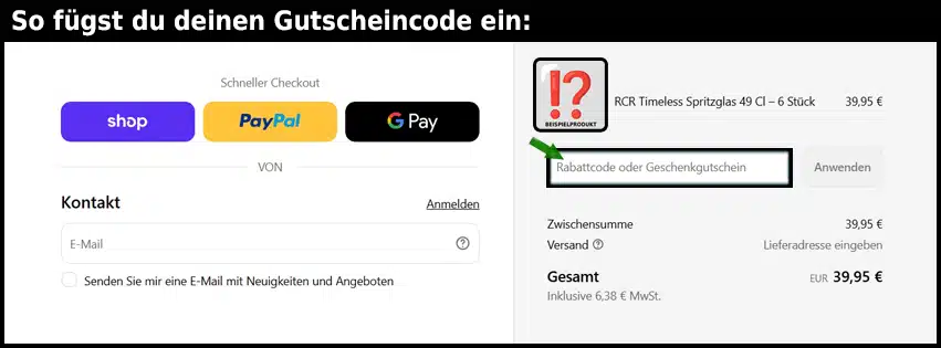 glazen Gutschein einfuegen und sparen schwarz