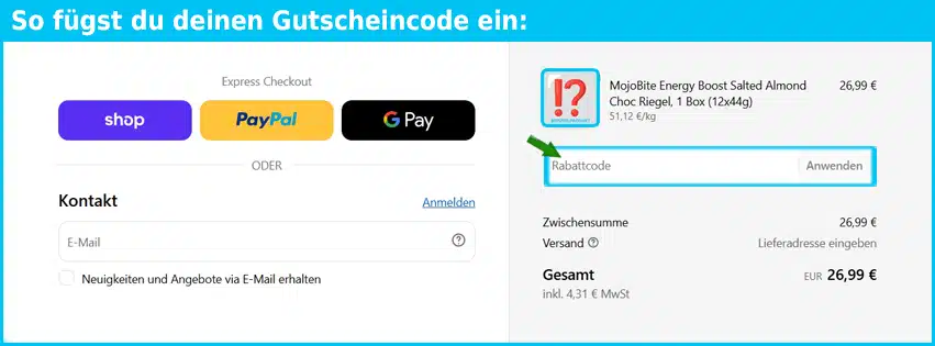 mojobite Gutschein einfuegen und sparen blau