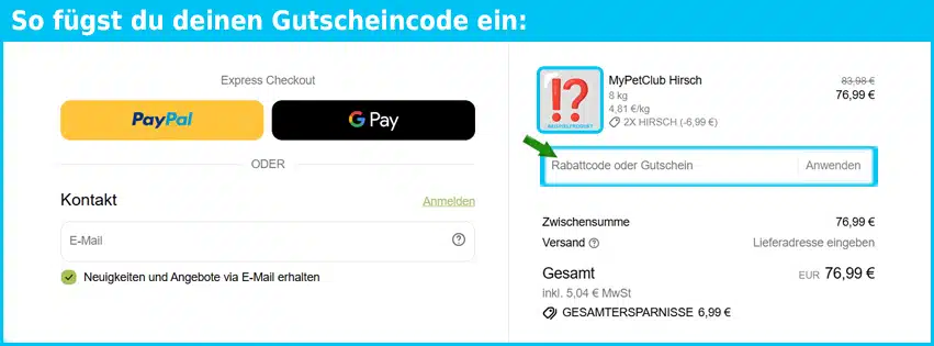 mypetclub Gutschein einfuegen und sparen blau