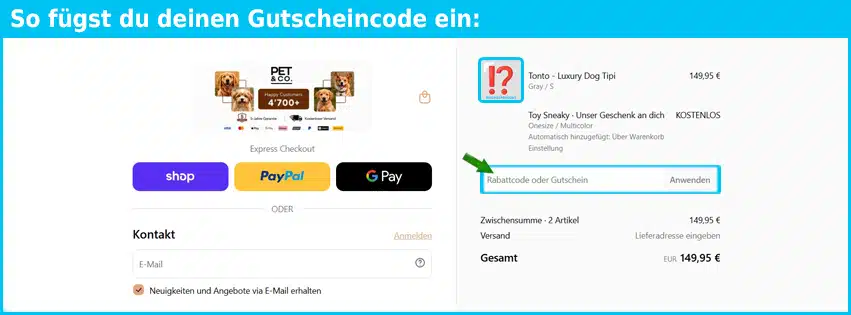 petandco Gutschein einfuegen und sparen blau