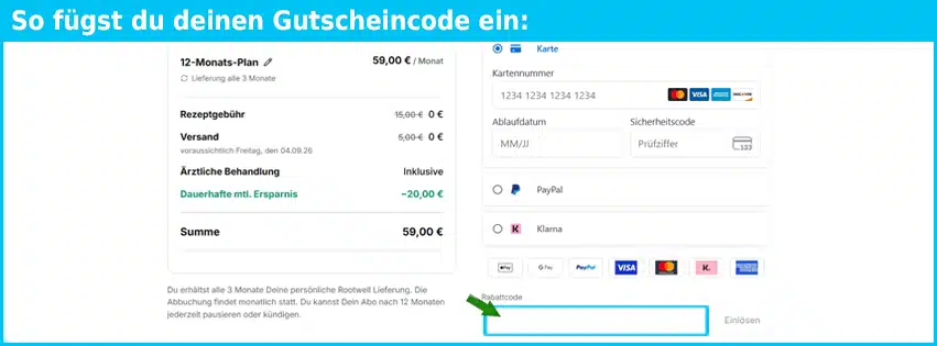 rootwell Gutschein einfuegen und sparen blau