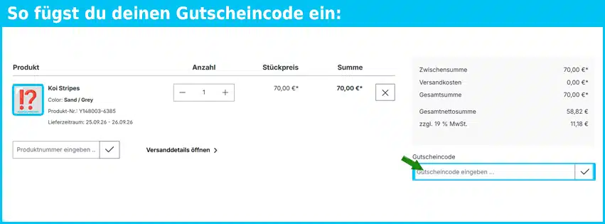 yasu Gutschein einfuegen und sparen blau