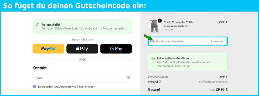 coreex Gutschein einfuegen und sparen blau