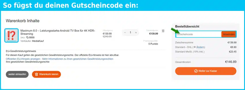 kaufbei.de Gutschein einfuegen und sparen blau